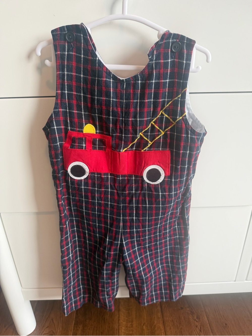 Kids Plaid Fire Truck Appliqué Overalls - Red Accent